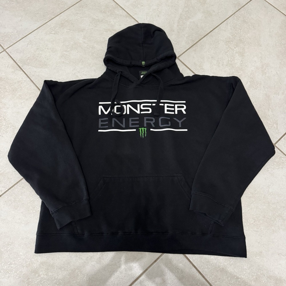 Monster‎ Energy Hoodie Mens L Black Spell Out Boxy Fit Sweatshirt Drawstring